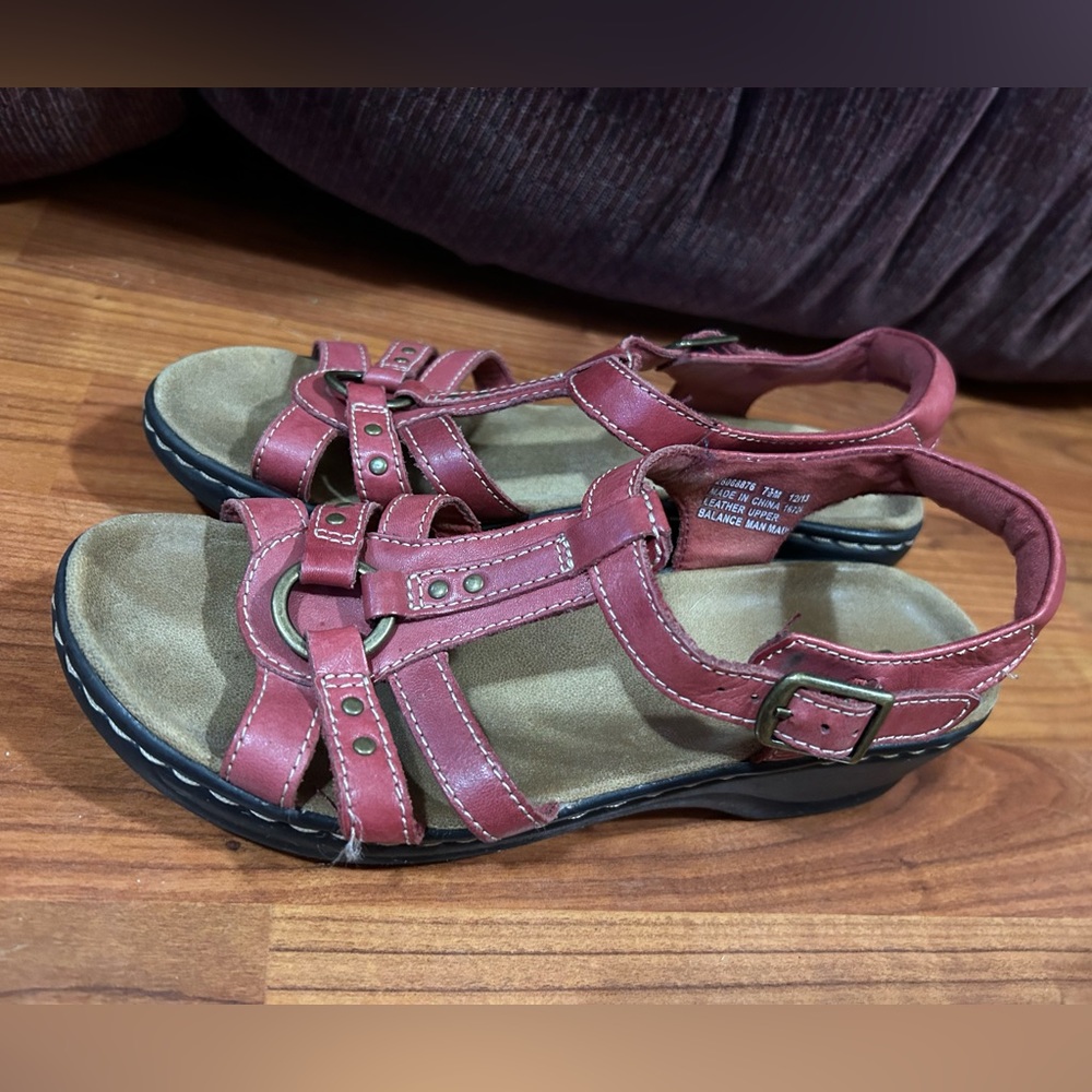 Clarks Red Leather Strappy Comfort Sandals